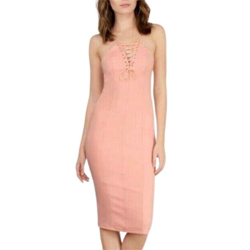 Tiger Mist Sz S Pink Midi Sheath Dress Vixen Adjustable Straps Lace Up Bodice